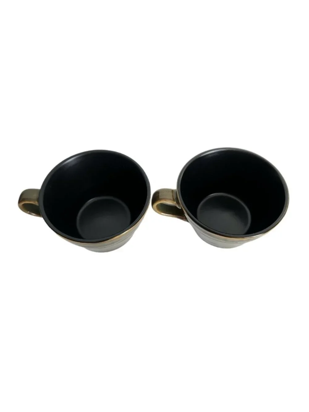 Set Of 2 Pier 1 DAKARA Tea Coffee Cup & Saucers Olive Green Black Interior Boho
